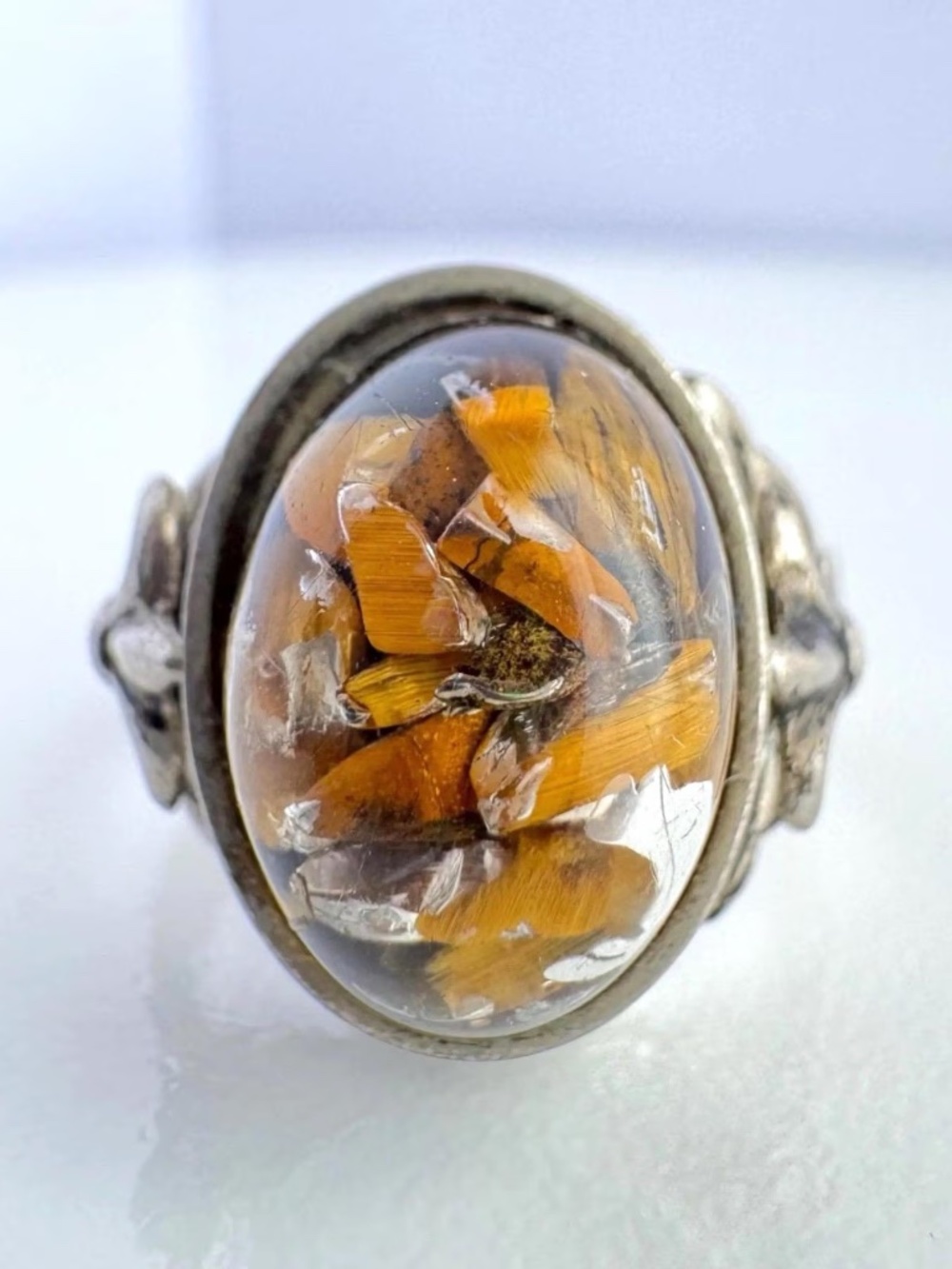 Vintage Glass Dome Wood Chip Ring Adjustable Silver Tone Boho Cocktail Size 7